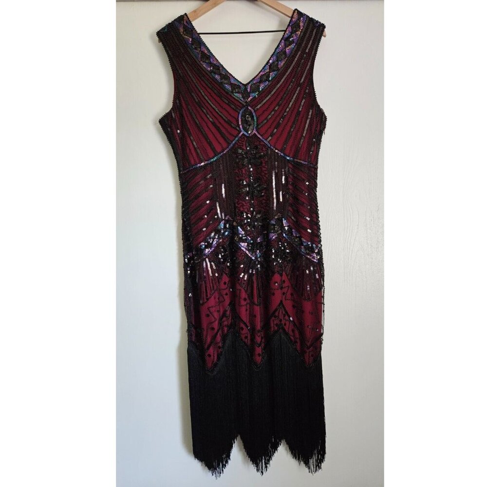 Women XL Flapper dress costume halloween maroon Burgundy wine fringe black Party - Picture 2 of 14